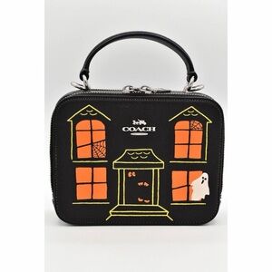 Coach Black Mini Top-Handle Bag with Orange and Yellow Halloween Motif